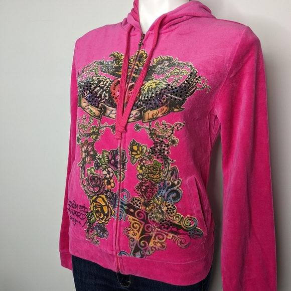 Ed Hardy Y2K pink velvet rhinestone heart wings flowers zip up hoodie L - Picture 2 of 11